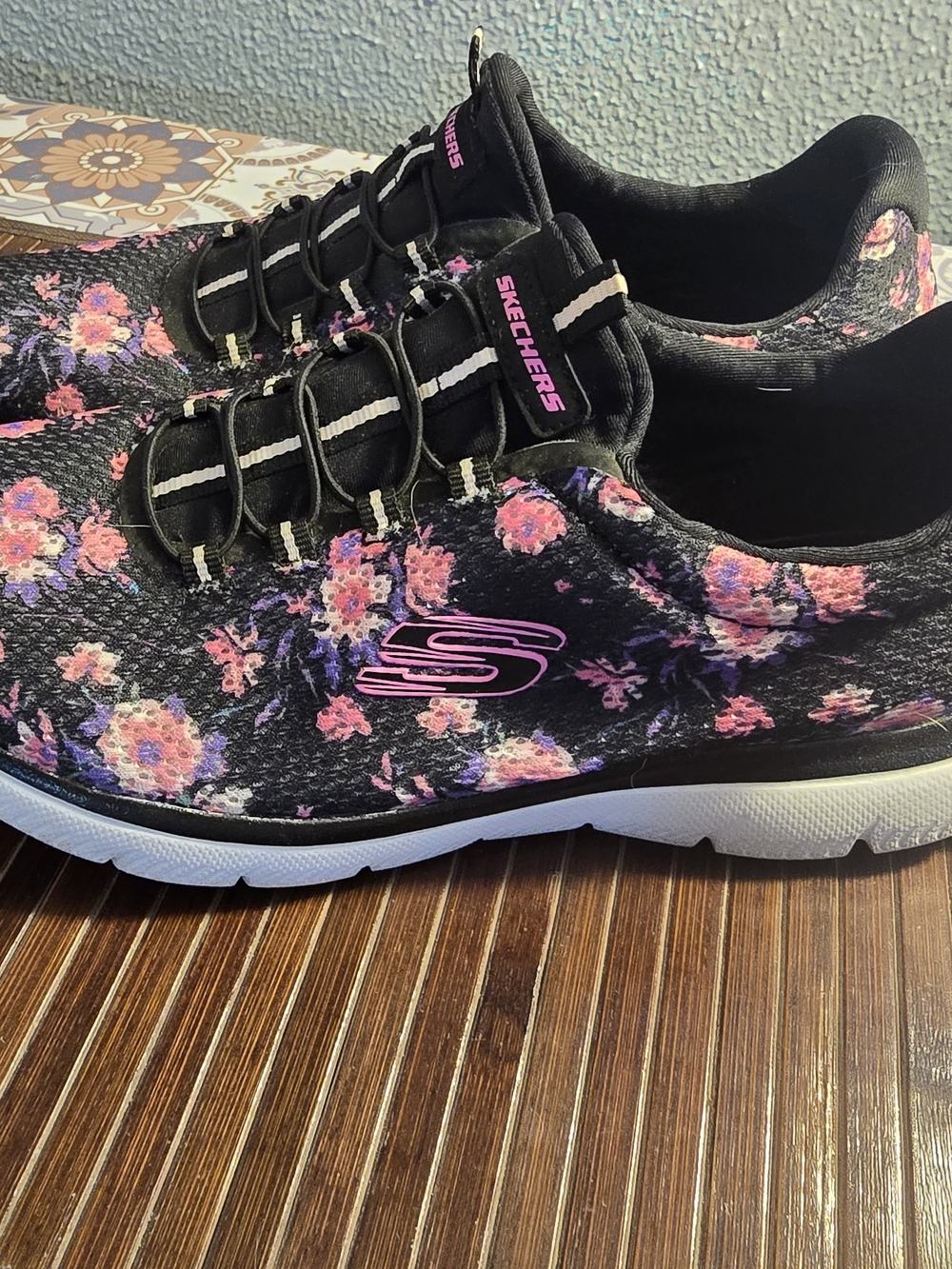 Skechers Black Floral Slip-On Sneakers with Pink Accents